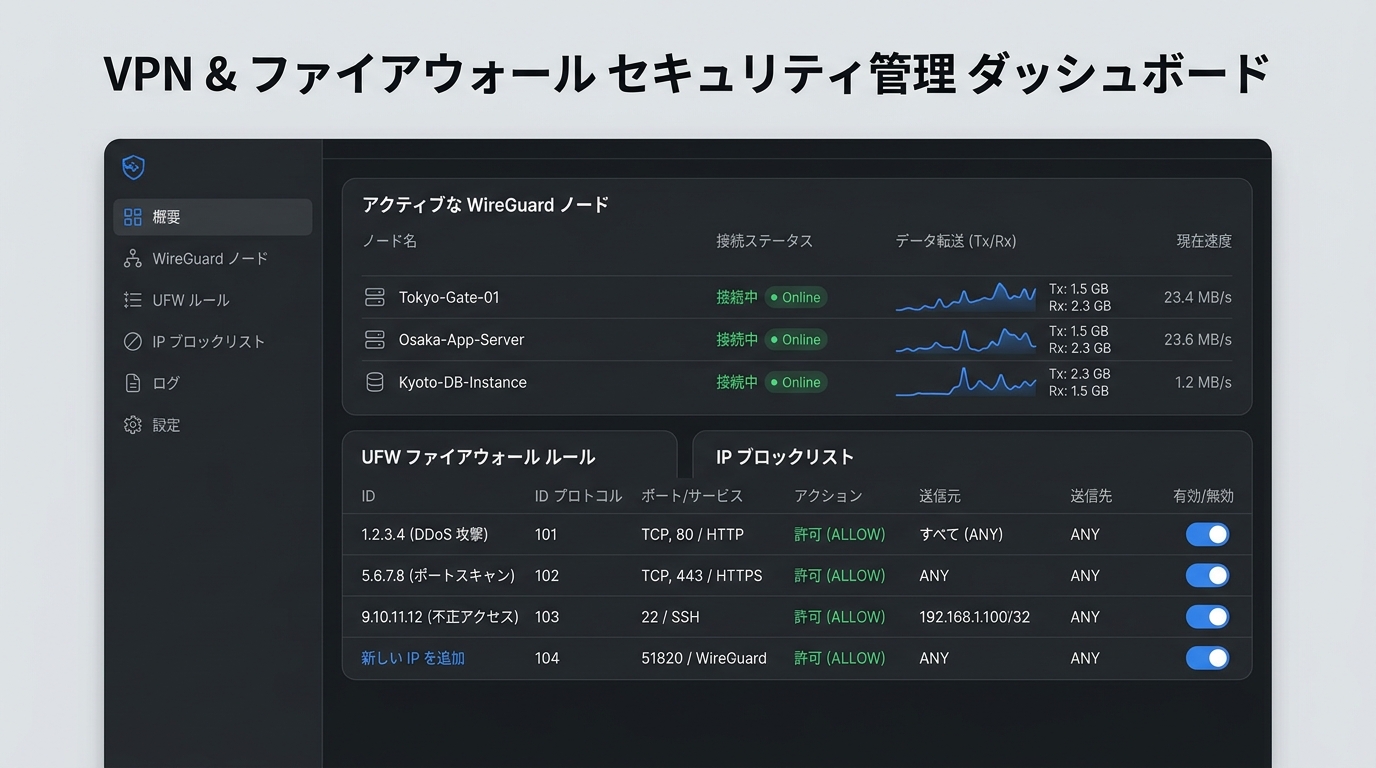 MeshConsole VPN & ファイアウォールセキュリティ管理 - アクティブなWireGuardノード、UFWファイアウォールルールとブロックリスト